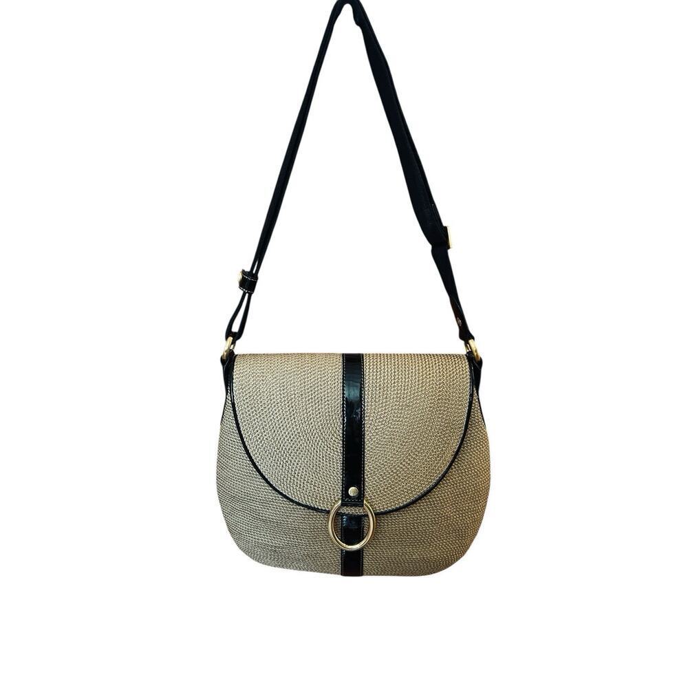Eric Javits Raffia Woven Straw Black Patent Leather Trim Satchel Shoulder Bag